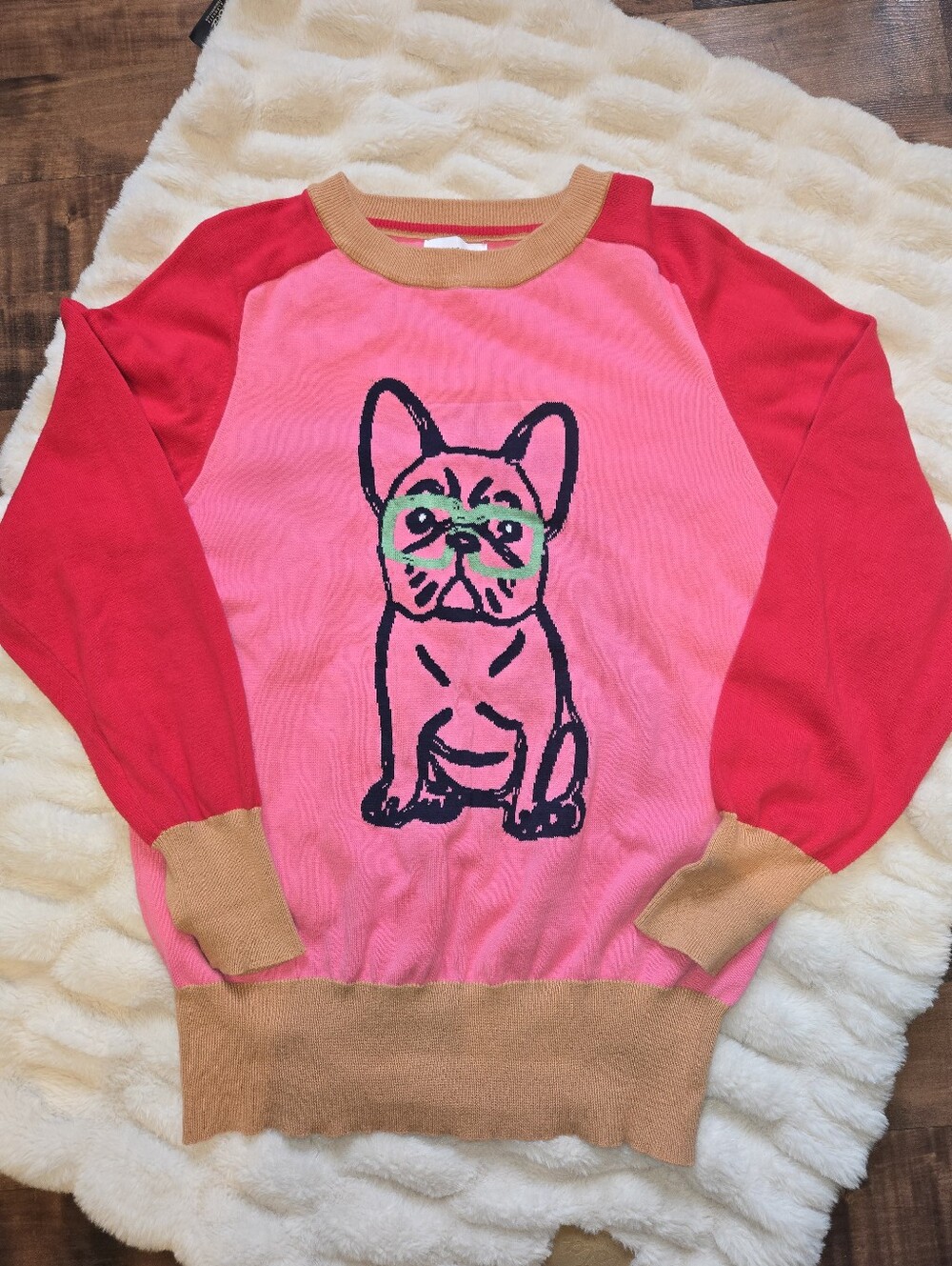 OXKNIT 3XL Pink Red French Bulldog Glasses Colorblock 100% Cotton Sweater Qwirky